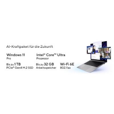 Ein futuristisches Laptop mit mehreren Bildschirm-Overlays, das 'Windows 11 Pro', 'Intel Core Ultra', bis zu '1TB SSD' und 'Wi-Fi 6E' anzeigt.