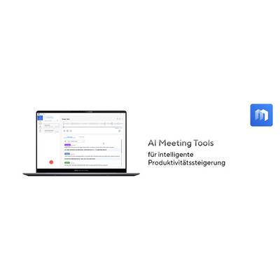 Ein Laptop-Bildschirm, der eine KI-Meeting-Tools-Schnittstelle mit dem Text: 'KI-Meeting-Tools für intelligente Produktivitätssteigerung' und einem blauen Logo zeigt.