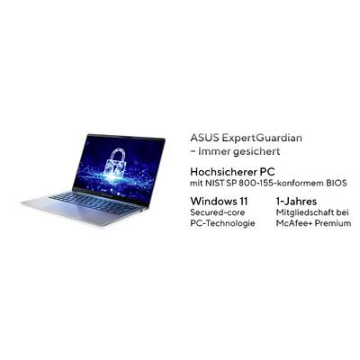 ASUS ExpertGuardian – Immer gesichert<br><br>Laptop mit sicherem Verschlusssymbol, hervorgehoben durch:<br>- NIST SP 800-155 BIOS-Konformität<br>- Windows 11<br>- 1 Jahr McAfee+ Premium Mitgliedschaft