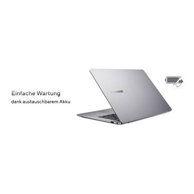 Ein Laptop mit leicht geöffnetem Deckel, auf dem ein Akkuwechsel-Symbol zu sehen ist. Text: 'Einfache Wartung dank austauschbarem Akku'