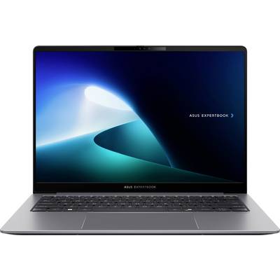 Ein Laptop mit einem blauen abstrakten Hintergrund, auf dessen Bildschirm der Text ‚ASUS ExpertBook' zu sehen ist und ein elegantes, modernes Design repräsentiert.