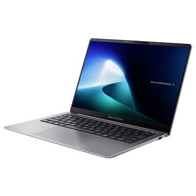 Ein silberner Laptop, der ein blaues und weißes abstraktes Hintergrundbild mit dem Text "ASUS EXPERTBOOK" zeigt. Das Gerät ist geöffnet und leicht nach rechts geneigt.