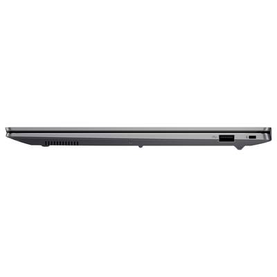 Ein geschlossener Laptop von der Seite, der einen Ethernet-Anschluss, einen USB-Anschluss und Belüftungsschlitze zeigt, die Konnektivitätsoptionen andeuten.