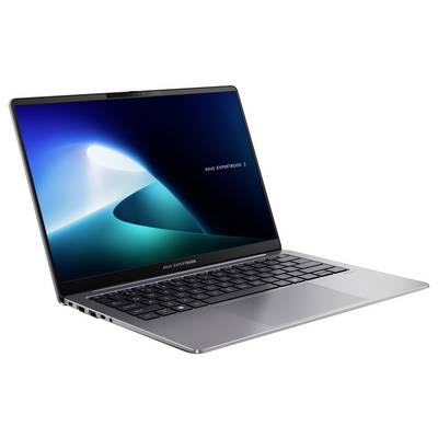 Ein schlankes silbernes Laptop mit einer schwarzen Tastatur und einem Bildschirm, der ein dynamisches abstraktes Bild in Blau und Weiß zeigt.