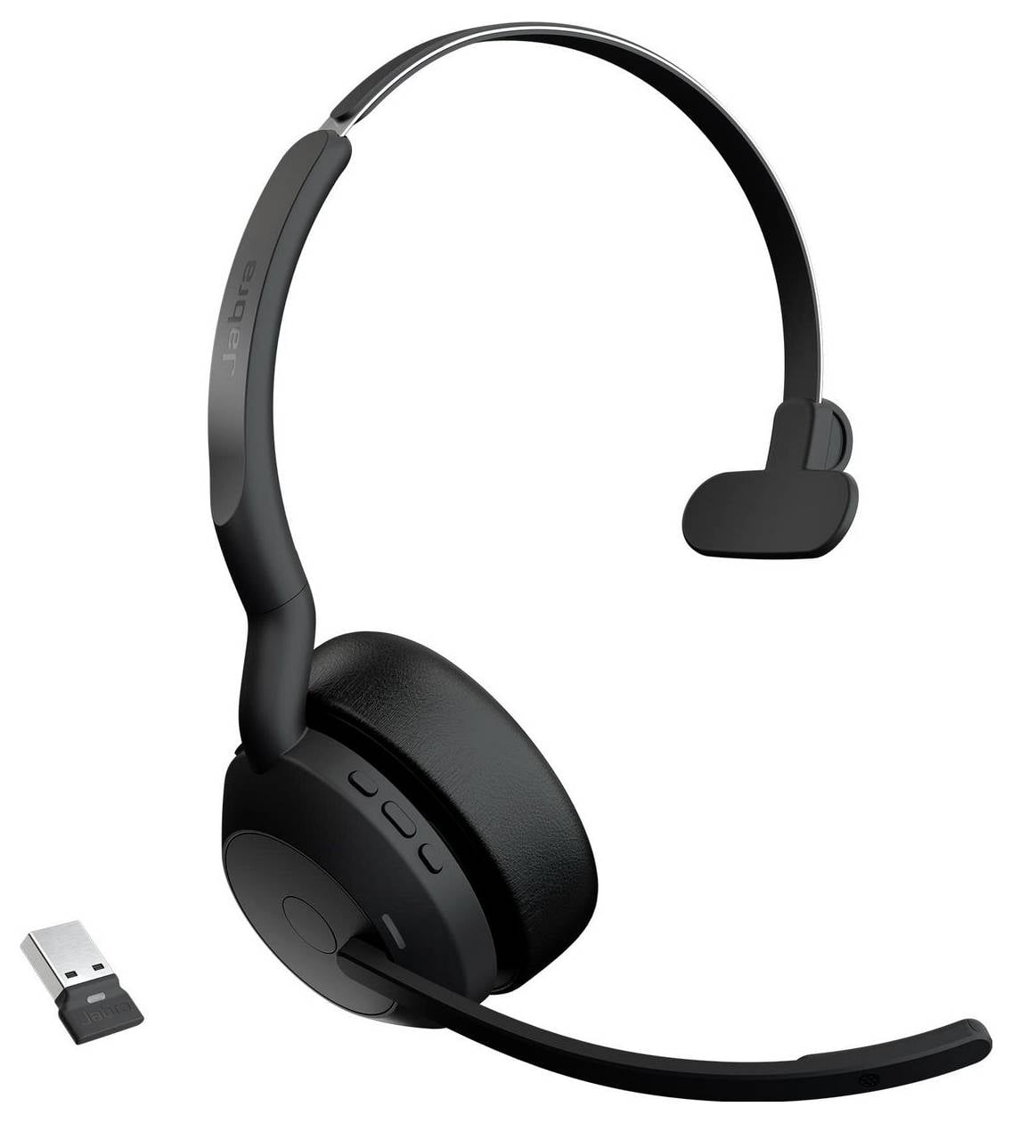 Schwarzes schnurloses On-Ear-Headset mit Mikrofon und USB-Dongle, geeignet für Telefonate und PC-Verbindungen.