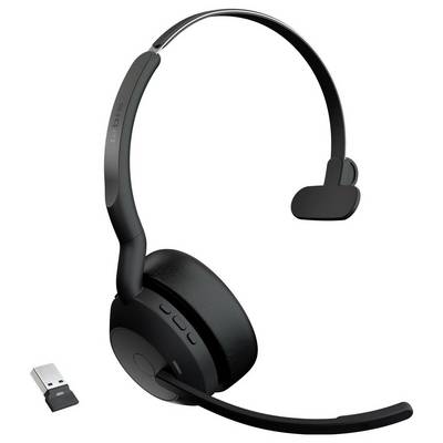 Schwarzes schnurloses On-Ear-Headset mit Mikrofon und USB-Dongle, geeignet für Telefonate und PC-Verbindungen.