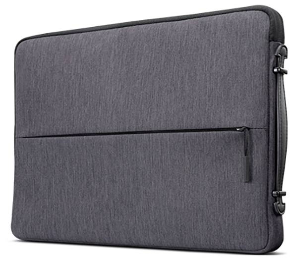 Graue, stoffähnliche Laptophülle mit Reißverschluss vorne. Sie hat einen minimalistischen Stil und ist ohne sichtbare Logo.