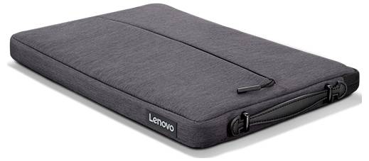 Dunkelgraue Laptop-Schutzhülle aus Stoff mit 'Lenovo'-Logo und Tragegriff, liegend auf einer weißen Oberfläche.