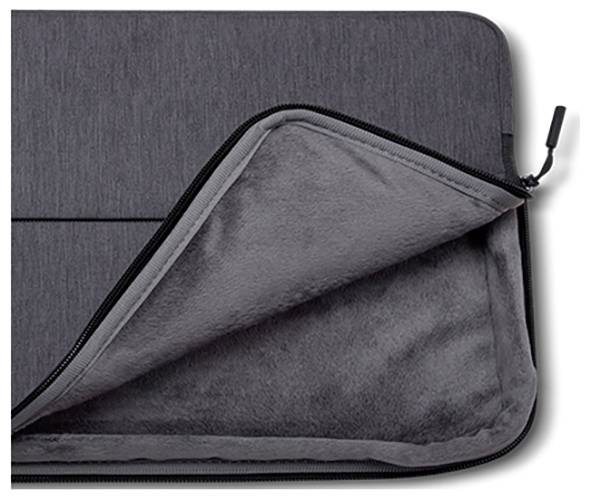 Dunkelgraue Laptoptasche mit schwarz gepolstertem Innenfutter und Reißverschluss, halb geöffnet dargestellt.