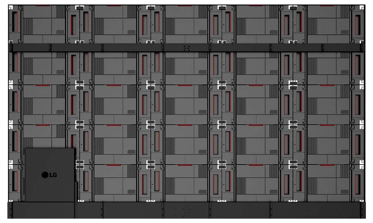 Rückansicht eines LG-Displays, das mehrere LED-Paneelsegmente zeigt, die in einem Raster angeordnet sind. Jedes Panel verfügt über Anschlüsse und strukturelle Stützvorrichtungen.