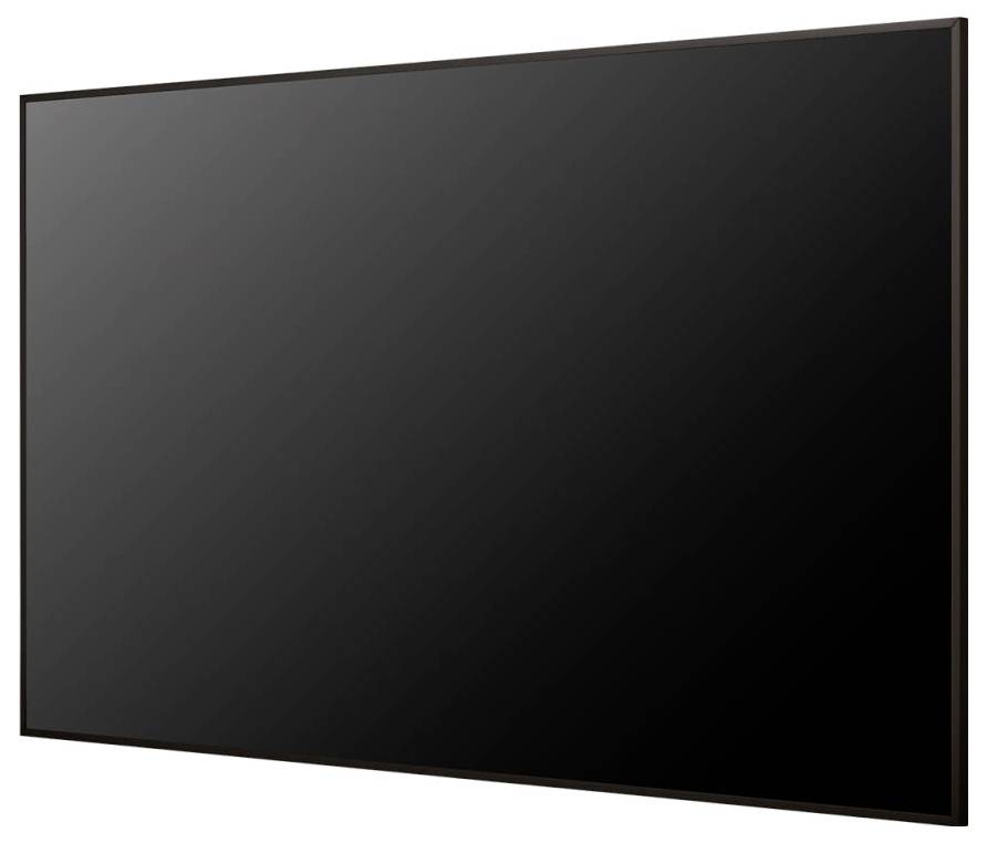 Ein schlanker, großer Fernseher mit schwarzem Rahmen, der in einem Winkel präsentiert wird.