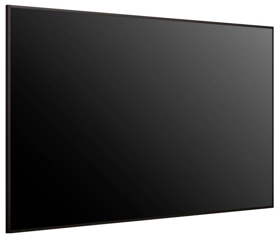 Ein flacher schwarzer Fernseher mit dünnem Rahmen, von einem Winkel aus betrachtet, mit einer leeren, reflektierenden Bildschirmfläche.