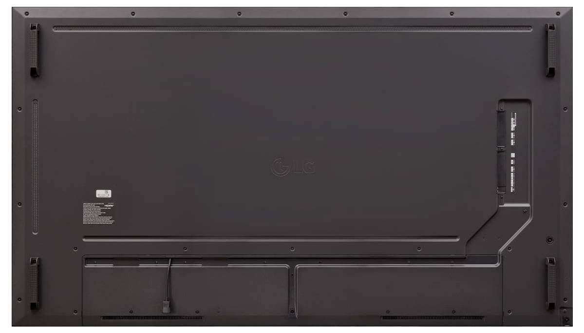 Rückansicht eines Flachbild-Fernsehers, die den Montageteil und die Eingangsbuchsen auf der rechten Seite zeigt. Das Netzkabel ist unten links angeschlossen.