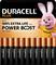 Zehn Duracell Plus AA-Batterien mit der Aufschrift '100% extra life' und einem rosa Hasenmaskottchen auf der Verpackung.