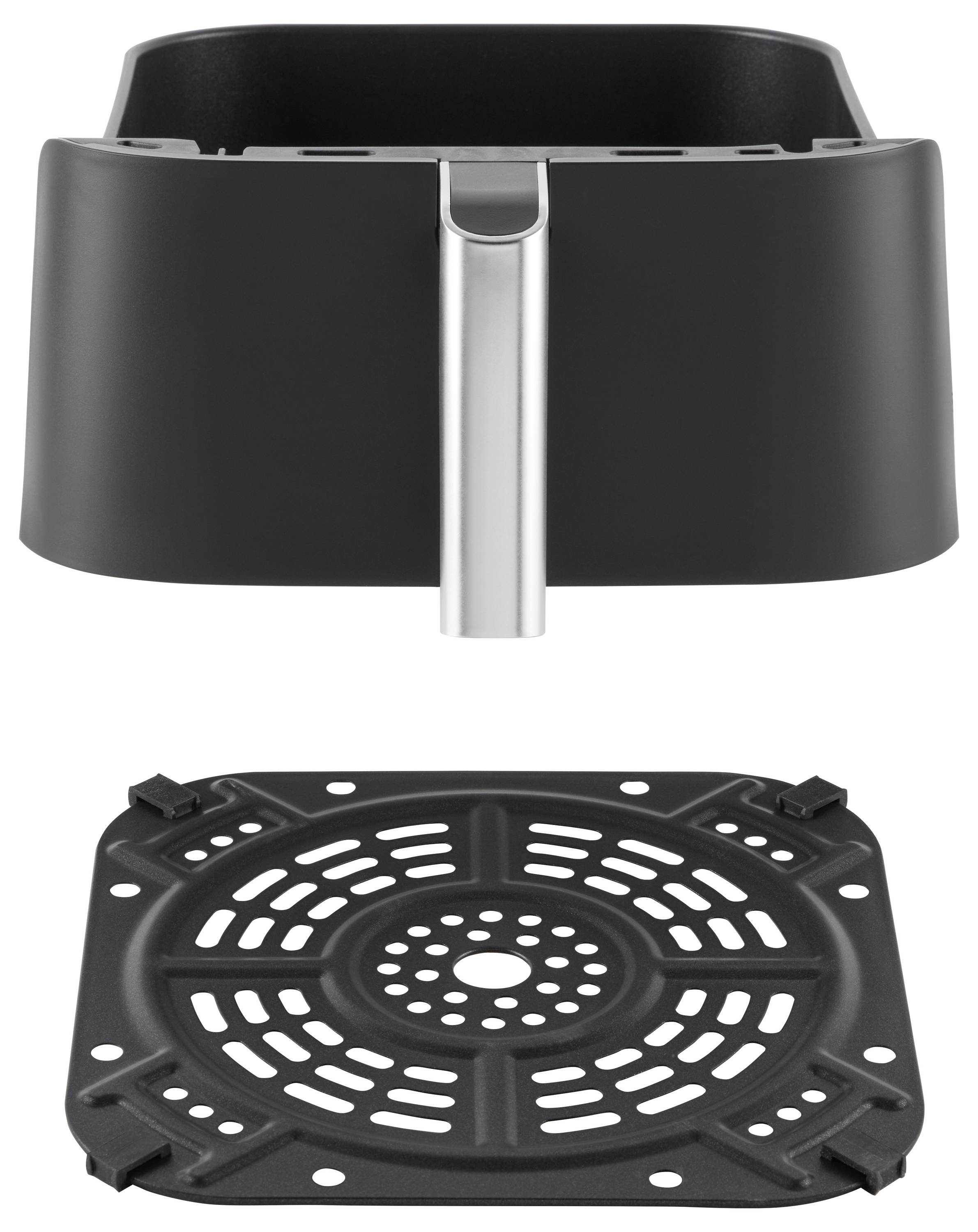 Eine schwarze Fritteusen-Schüssel mit einem silbernen Griff, darunter ein abnehmbares Gitter mit kreisförmigen Mustern für Luftzirkulation.