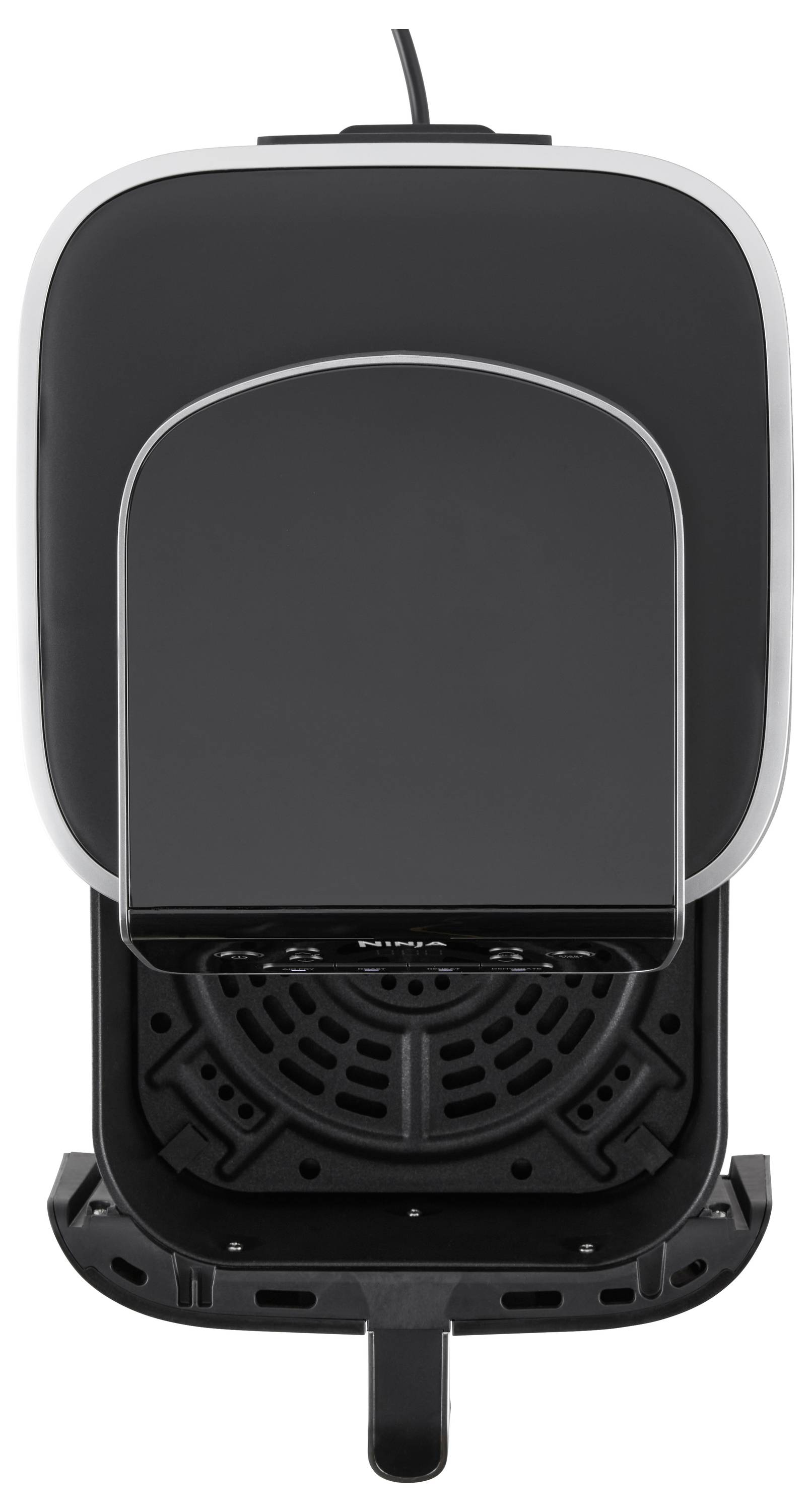 Elektrische Bratpfanne von oben, schwarz, mit abnehmbarer Grillplatte und Temperaturregler. Ideal zum Grillen und Braten.