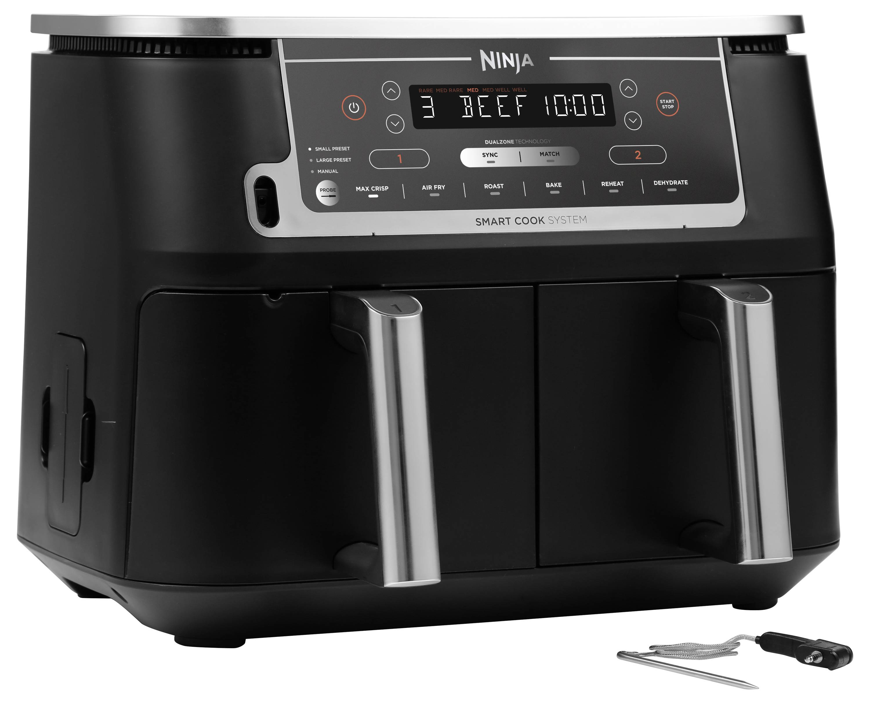 Schwarzer multifunktionaler Kochgerät mit digitalem Display. Anzeigetext: 'BEEF 10:00'. Zwei Kochfächer mit silbernen Griffen.