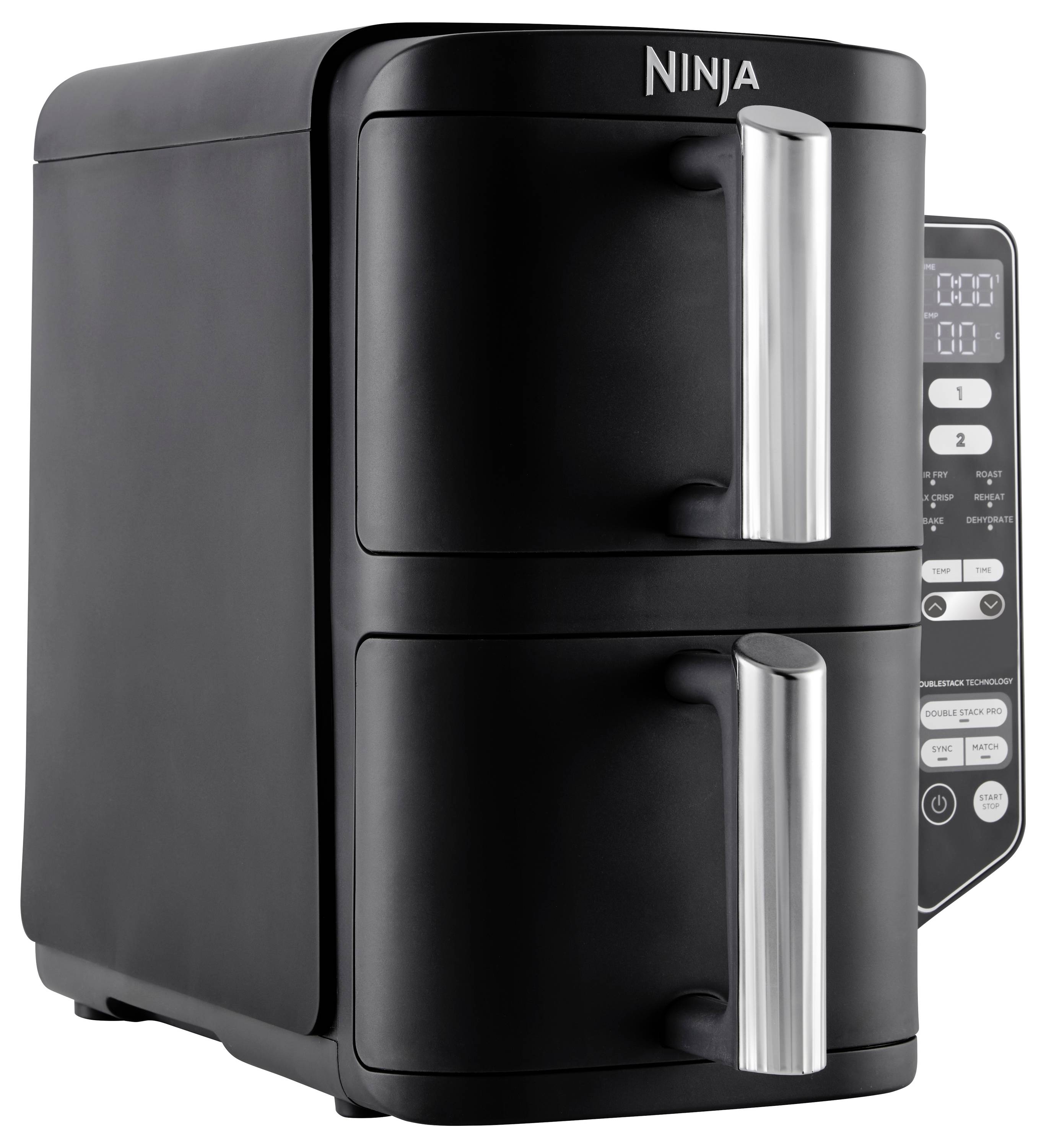 Schwarze Heißluftfritteuse mit zwei übereinanderliegenden Fächern, silbernen Griffen und einem digitalen Bedienfeld an der Seite.