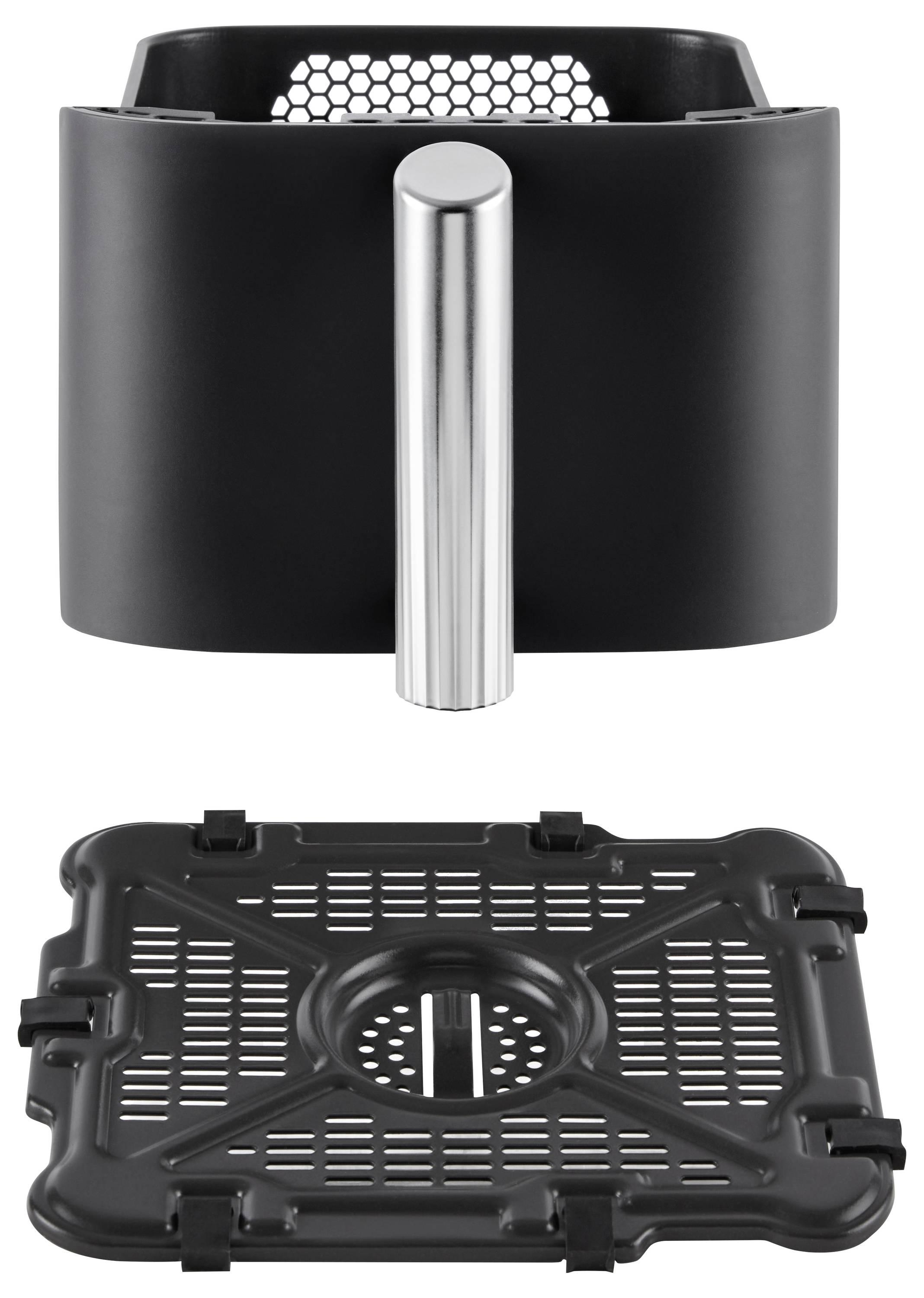 Schwarzer Frittierkorb mit silbernem Griff und herausnehmbarem Gitterboden. Ideal für Luftfritteuse zur fettarmen Zubereitung.