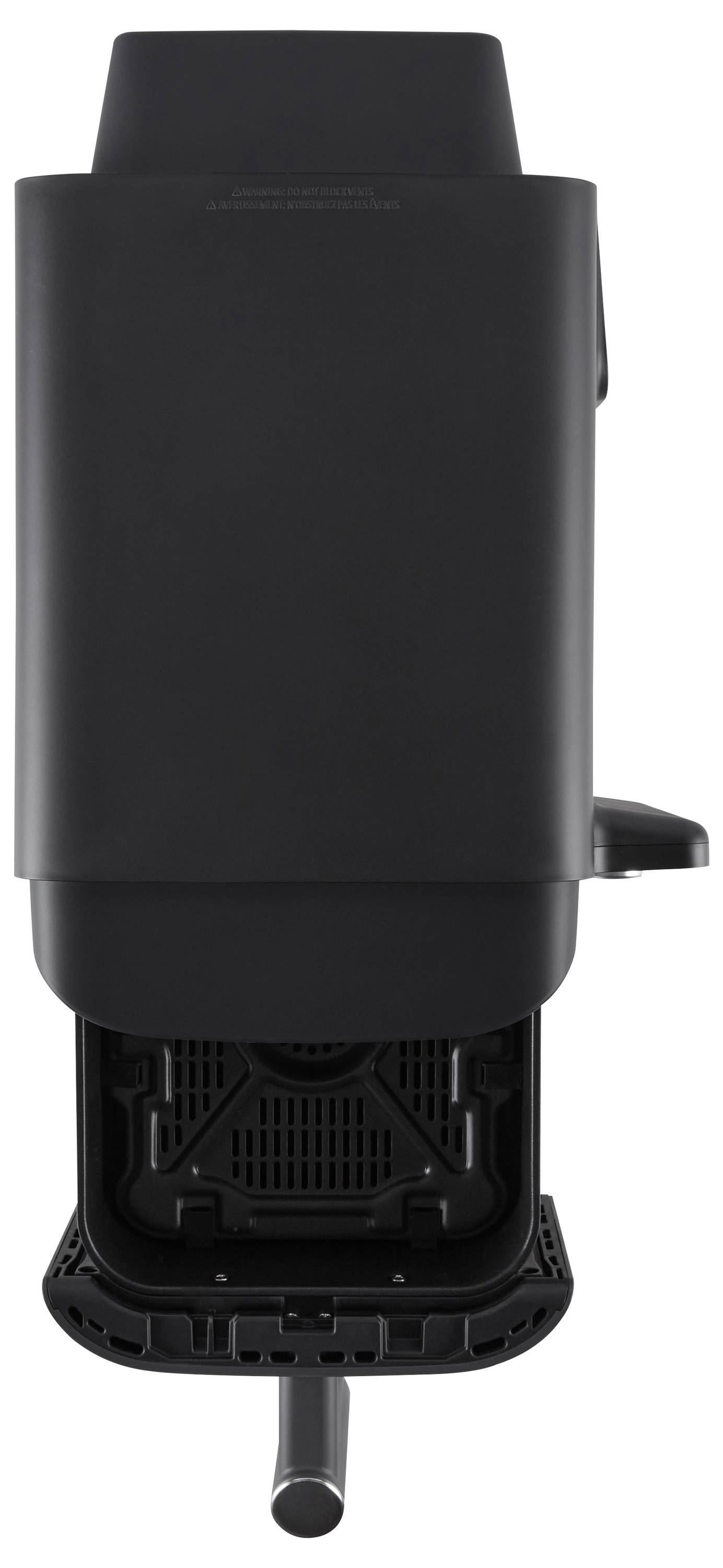 Eine schwarze Kaffeemaschine mit geöffneter Abtropfschale und Ausgießer, bereit zum Befüllen einer Tasse.