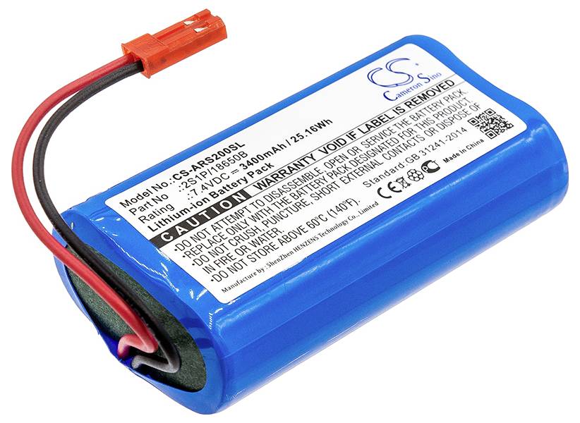 Blauer Lithium-Ionen-Akku mit beiliegendem roten Kabel und weißem Label mit technischen Spezifikationen.
