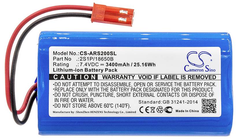 Lithium-Ionen-Akku, Modell CS-AR3200SL, 7,4 V, 3400 mAh. Warnhinweis: Nicht öffnen, nur mit kompatiblem Pack verwenden, nicht ins Feuer werfen.