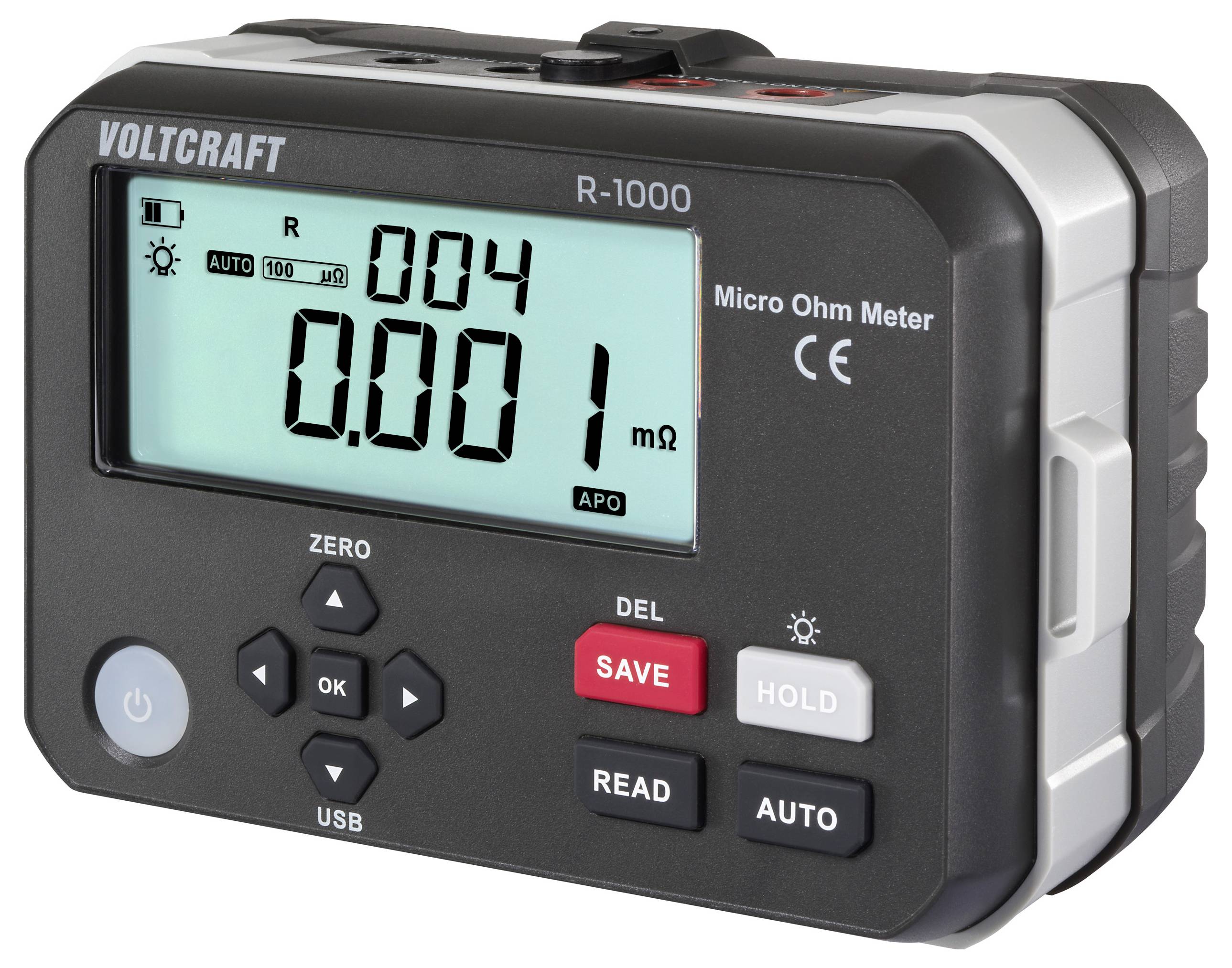 Ein digitales Mikro-Ohmmeter mit der Anzeige '0,001 mΩ' auf dem Bildschirm, versehen mit Tasten, die mit 'SPEICHERN', 'ABLESEN', 'HALTEN' und 'AUTO' beschriftet sind.