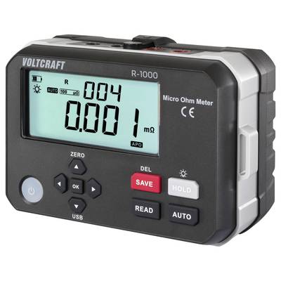 Ein digitales Mikro-Ohmmeter mit der Anzeige '0,001 mΩ' auf dem Bildschirm, versehen mit Tasten, die mit 'SPEICHERN', 'ABLESEN', 'HALTEN' und 'AUTO' beschriftet sind.