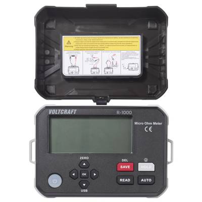 Digitales Mikro-Ohmmeter mit der Bezeichnung 'Voltcraft R-1000' mit Display und Bedienungstasten. Offener Deckel zeigt ein Warnschild und Diagramm-Anweisungen.