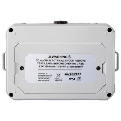 'WARNUNG: ZUR VERMEIDUNG EINES ELEKTRISCHEN SCHLAGS MESSLEITUNG VOR DEM ÖFFNEN DES GEHÄUSES ENTFERNEN. 3,7V 3200mAh 11,84Wh Li-Ion-Akku. Vertrieben durch Conrad Electronic SE.'