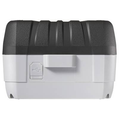 Ein kompaktes, rechteckiges Gerät mit einer schwarzen, strukturierten Oberfläche und einer glatten weißen Unterseite, das auf der Seite ein USB-Port-Symbol trägt.