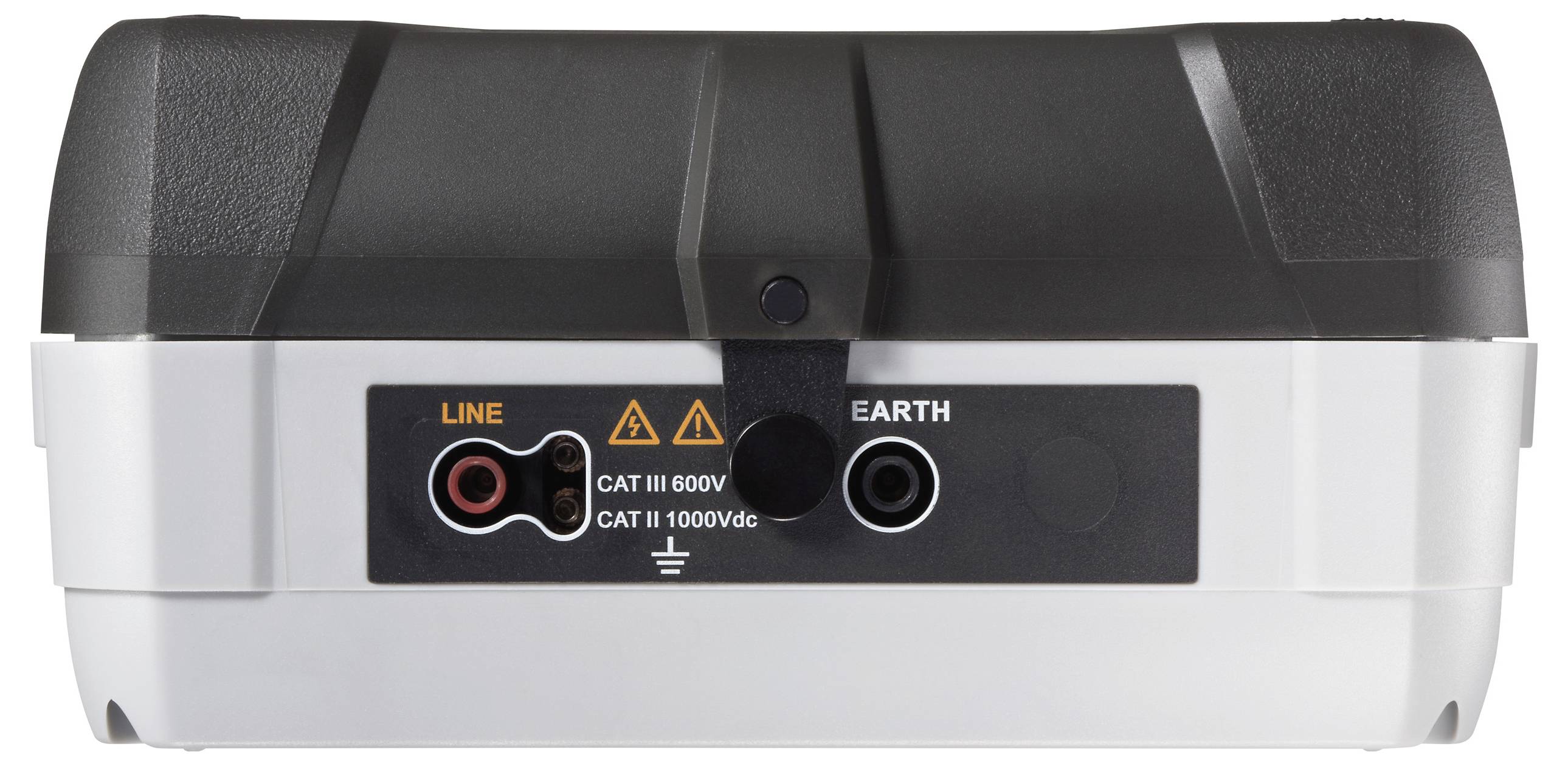 Die Rückansicht eines elektrischen Geräts zeigt zwei Anschlüsse, die mit ‚LINE CAT II 600V CAT II 1000Vdc' und ‚EARTH' beschriftet sind und Anschlusspunkte anzeigen.