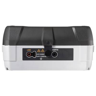 Die Rückansicht eines elektrischen Geräts zeigt zwei Anschlüsse, die mit ‚LINE CAT II 600V CAT II 1000Vdc' und ‚EARTH' beschriftet sind und Anschlusspunkte anzeigen.