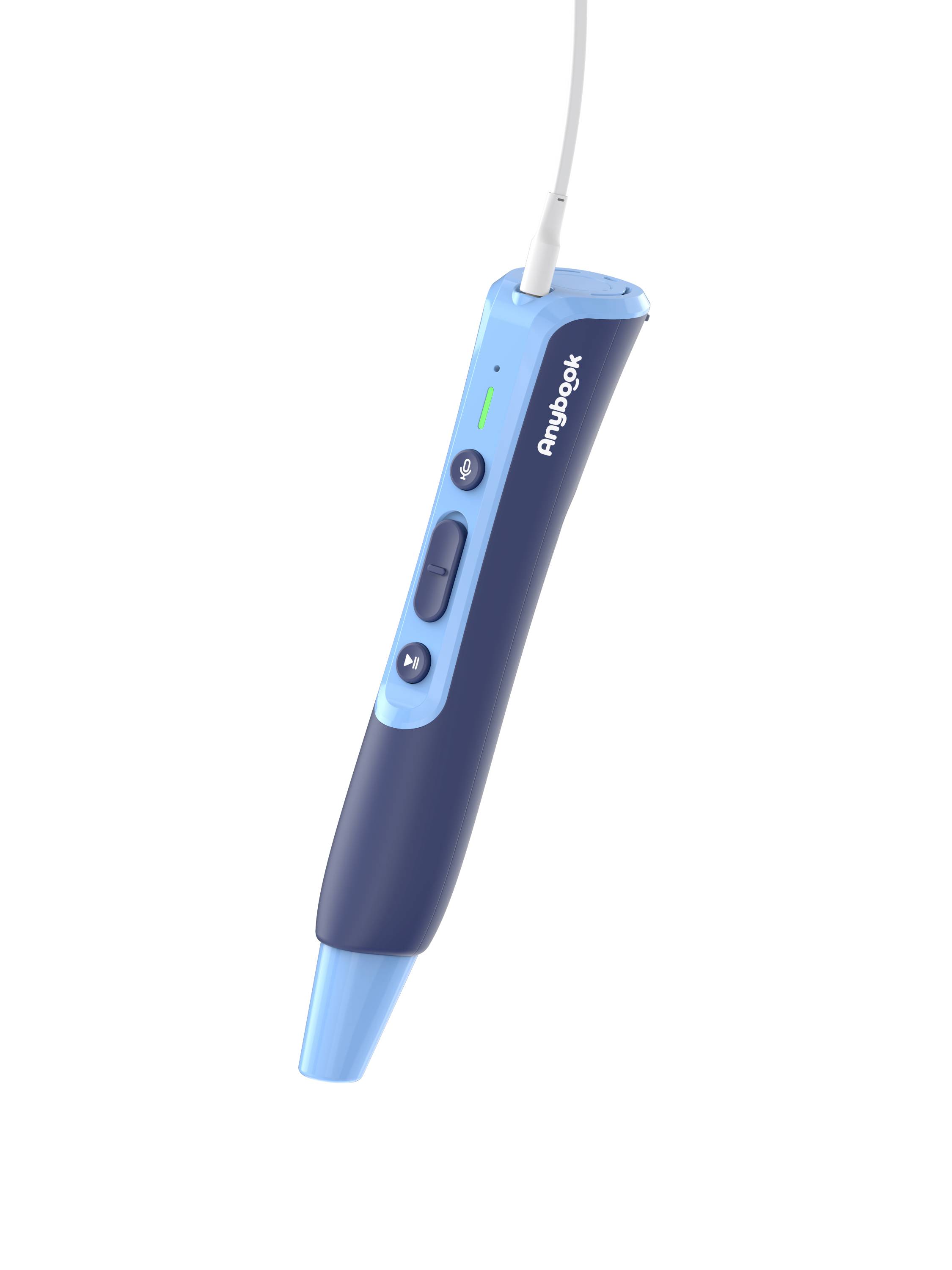 Ein blauer digitaler Stift mit zwei Tasten und einem Lautstärkeregler, verbunden mit einem Kabel, wird vor einem weißen Hintergrund gezeigt.