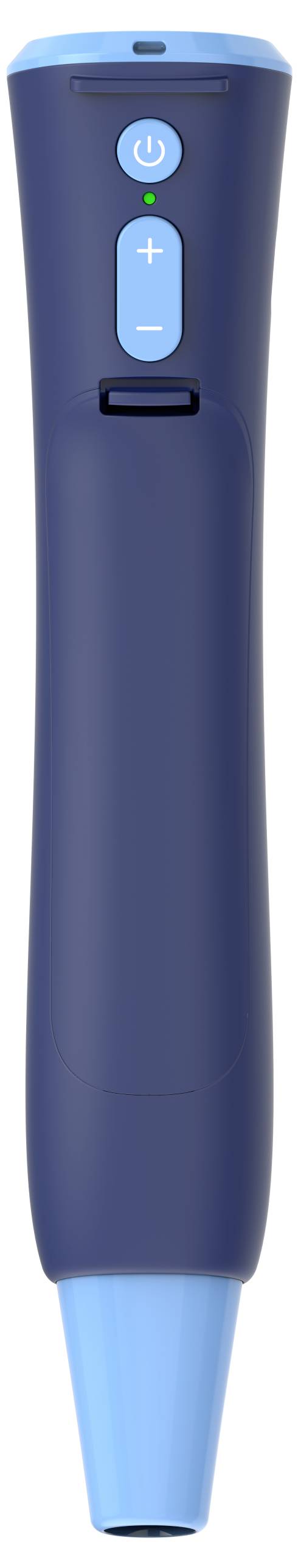 Elektrische Zahnbürste in Blau mit Power- und Plus-Tasten auf der Vorderseite.