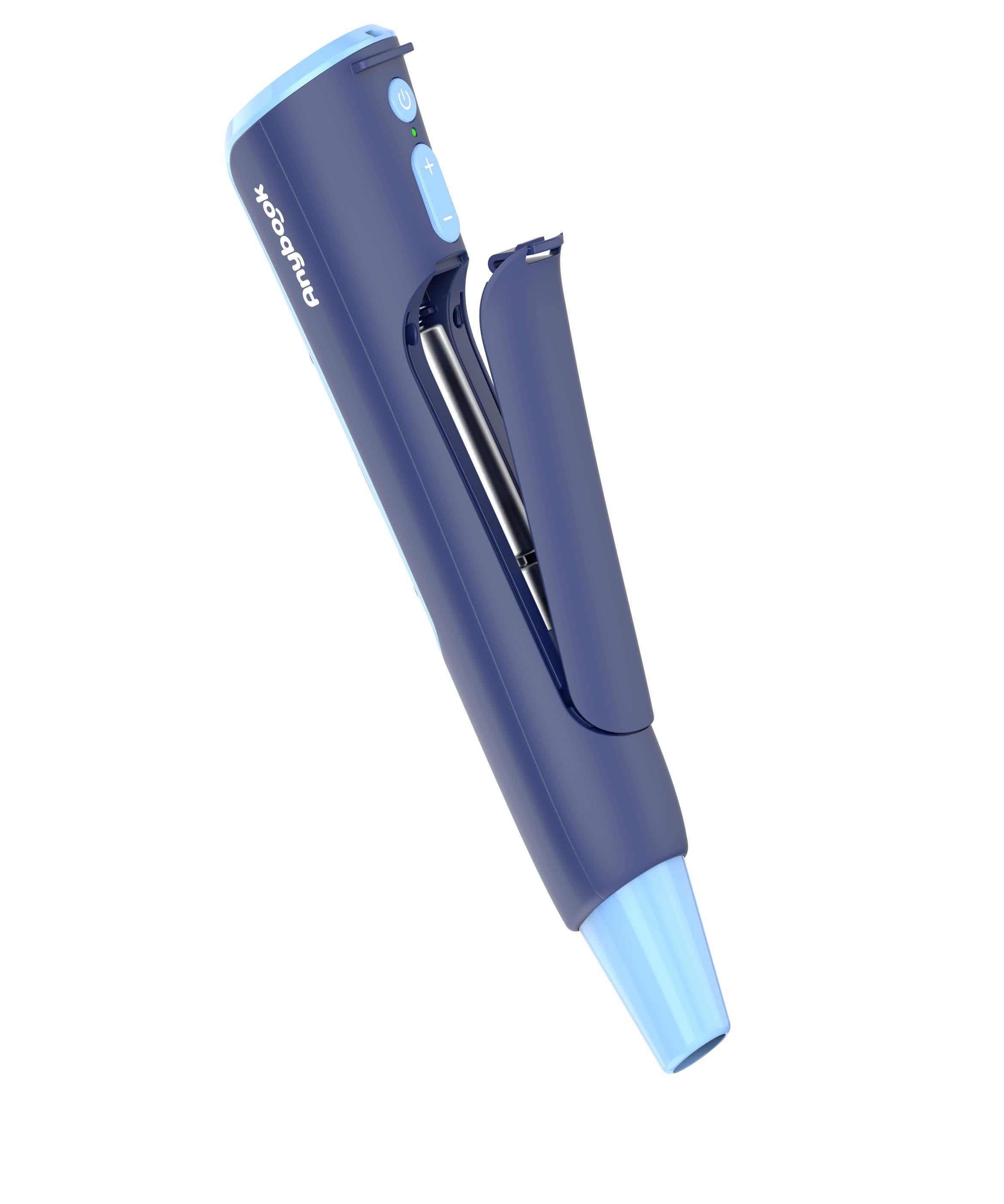 Ein blaues, kabelloses Haarstylinggerät mit hitzebeständigem Gehäuse und Bedienelementen. Ideal zum Glätten oder Locken der Haare.