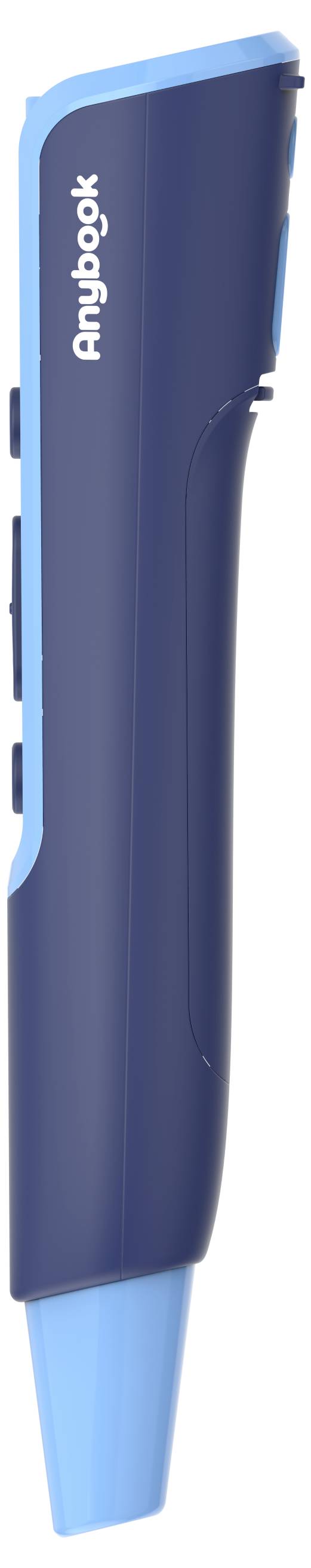 Ein blauer und schwarzer elektronischer Stift mit der Aufschrift 'Anybook'. Verwendet vermutlich zum Lesen oder Schreiben digitaler Dokumente.