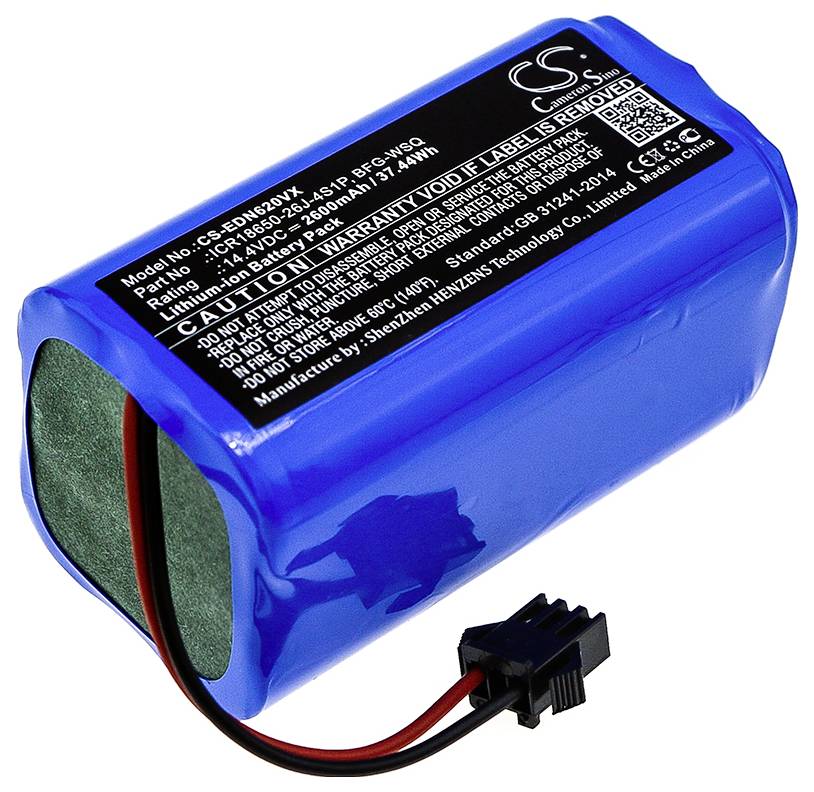 Ein blauer Lithium-Ionen-Akku mit schwarzem Etikett zeigt technische Spezifikationen. Pigtail-Anschluss für die Verbindung.