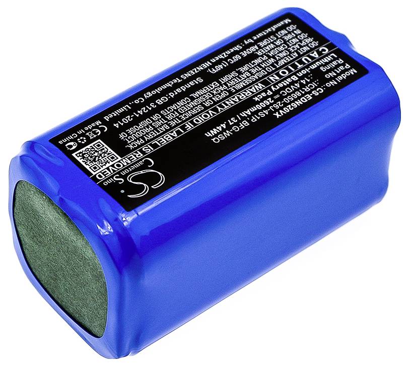 Blauer wiederaufladbarer Lithium-Ionen-Akku mit Aufkleber, der Informationen über Leistung und Sicherheitshinweise enthält.
