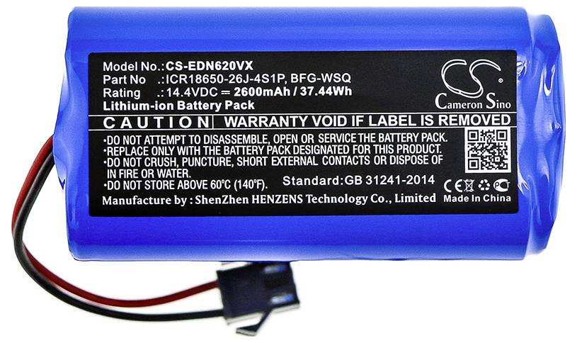 Lithium-Ionen-Akku mit Spezifikationen: 14,4V, 2600mAh, Modell CS-EDN620VX. Warnhinweis: Garantie erlischt bei Etikettenentfernung.