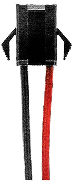 Ein schwarzer Kunststoffstecker mit einem schwarzen und einem roten Kabel, die unten herausführen.