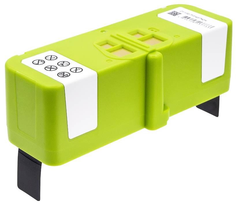 Ein grünes Batteriepack mit schwarzen Kontakten und Symbolen auf der Oberseite.