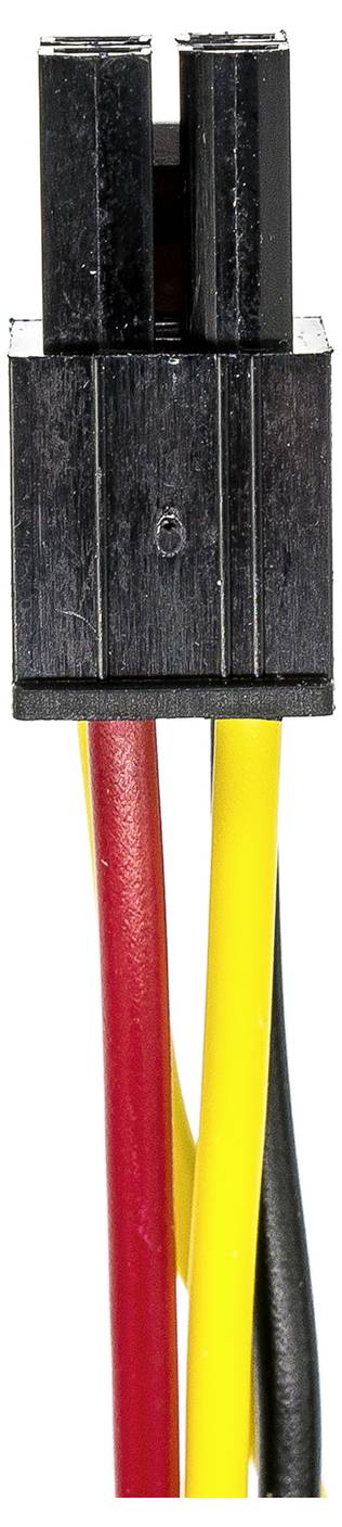 Ein schwarzer Stecker mit drei farbigen Drähten: rot, gelb und schwarz.