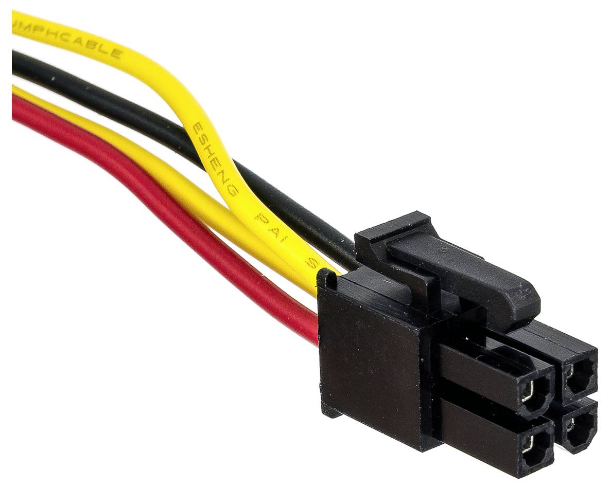 'Computer-Stromkabel mit schwarzen, roten und gelben Drähten sowie einem schwarzen Stecker. Wird zur Stromversorgung von Komponenten verwendet.'