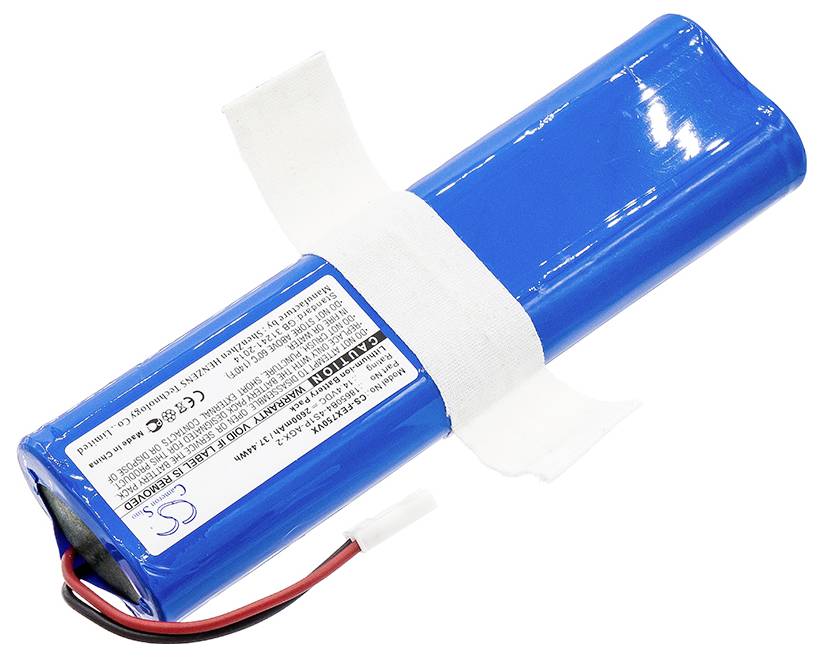 Blauer Lithium-Ionen-Akku mit weißem Band, zwei Kabeln und einem Stecker. Eignet sich für tragbare elektronische Geräte.