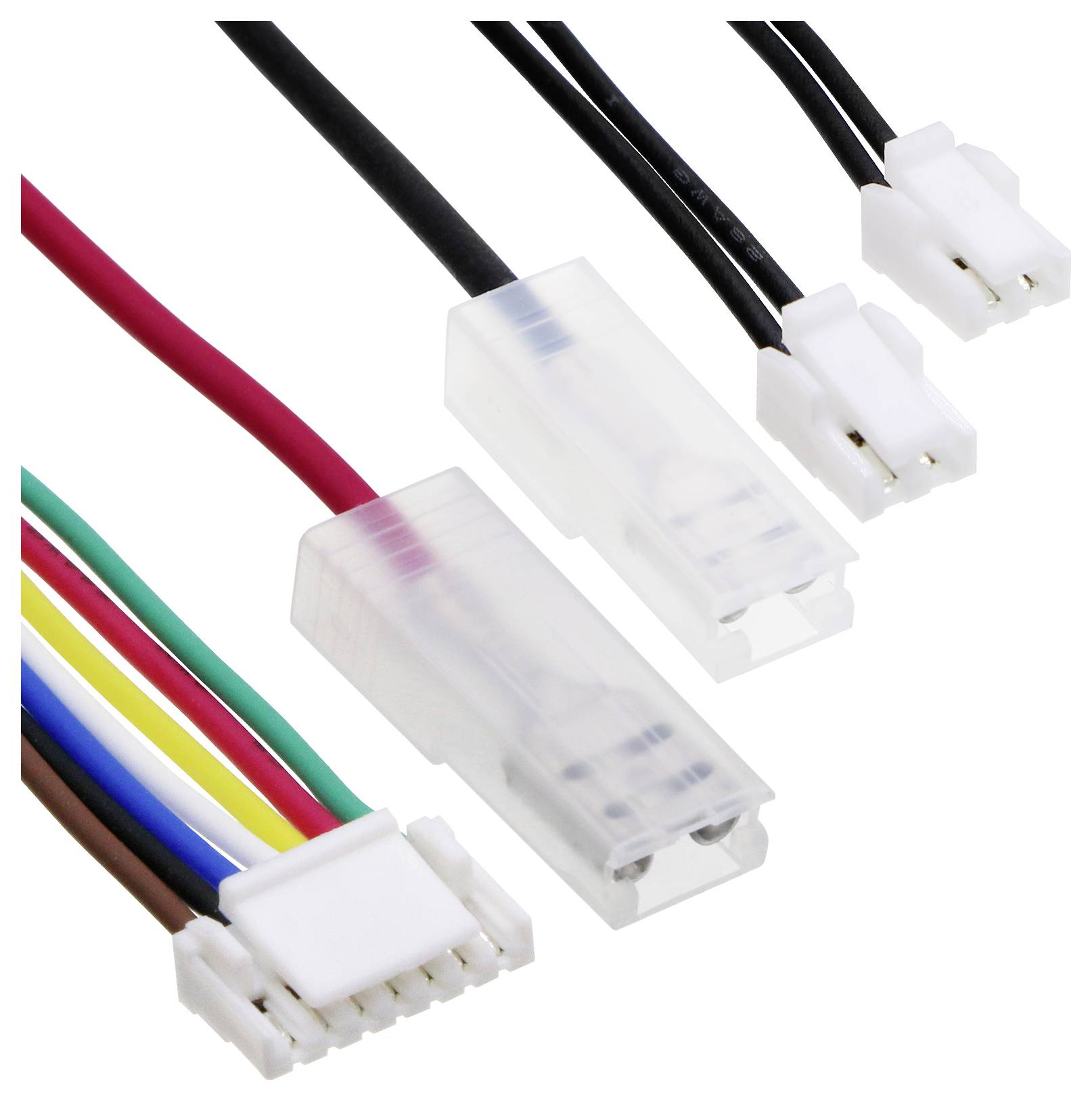 Mehrere elektrische Kabelschnittstellen mit verschiedenen farbigen Drähten und weißen Kunststoffsteckern in Nahaufnahme.