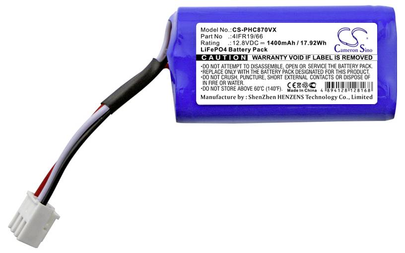 Ein blauer LiFePO4 Akku mit einem Etikett, das Model, Teilnummer und Spezifikationen angibt: 12.8V, 1400mAh, 17.92Wh.