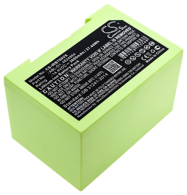 Grüner Akku mit schwarzem Etikett, zeigt Spezifikationen wie Modellnummer, Spannung (7,4V), Kapazität (2700mAh) und Warnhinweise.