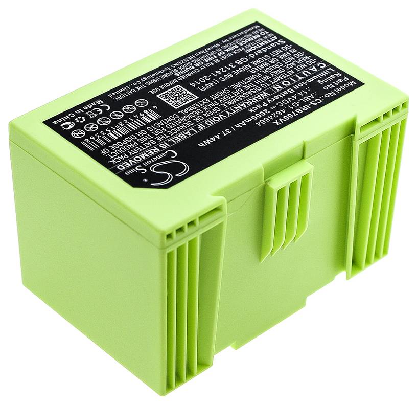 Ein rechteckiger, grüner Akku mit schwarzem Etikett, das technische Details enthält. 37 Wh, 7,4V.