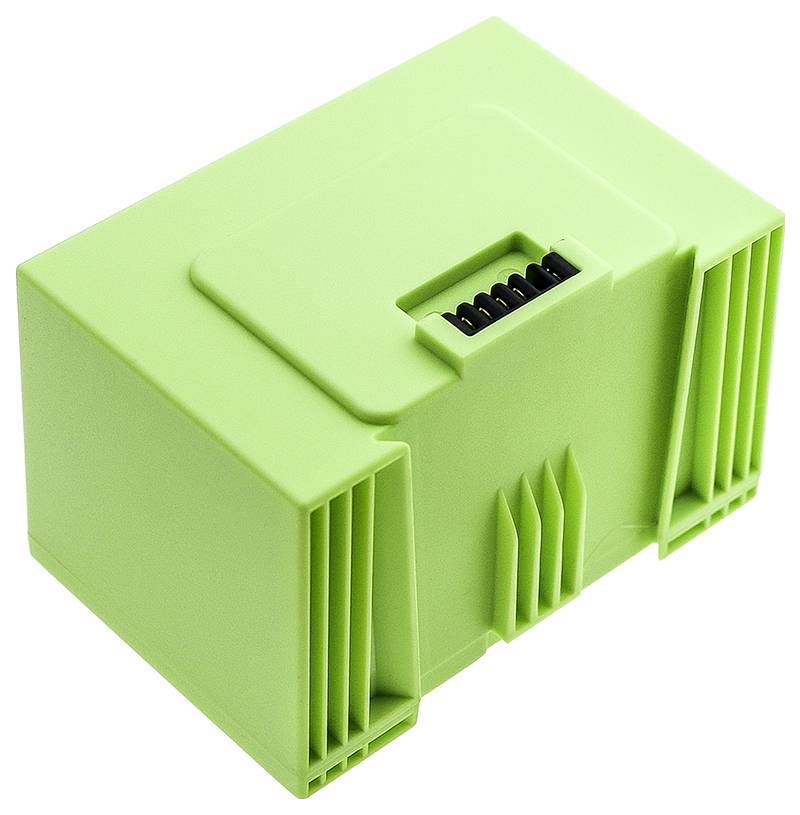 Rechteckiges, grünes Plastikgehäuse mit Lüftungsschlitzen und Anschlusssteckern, möglicherweise ein elektronisches Modul.